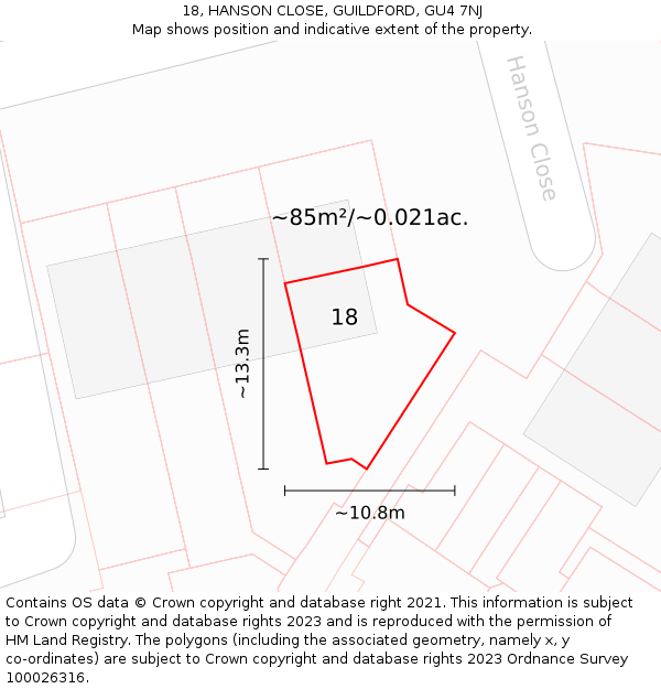18, HANSON CLOSE, GUILDFORD, GU4 7NJ: Plot and title map