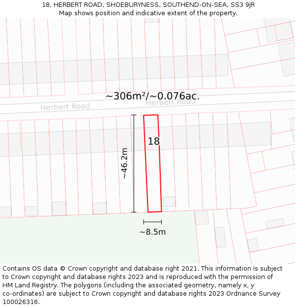 18, HERBERT ROAD, SHOEBURYNESS, SOUTHEND-ON-SEA, SS3 9JR: Plot and title map
