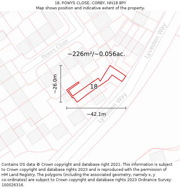 18, POWYS CLOSE, CORBY, NN18 8PY: Plot and title map