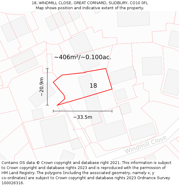 18, WINDMILL CLOSE, GREAT CORNARD, SUDBURY, CO10 0FL: Plot and title map