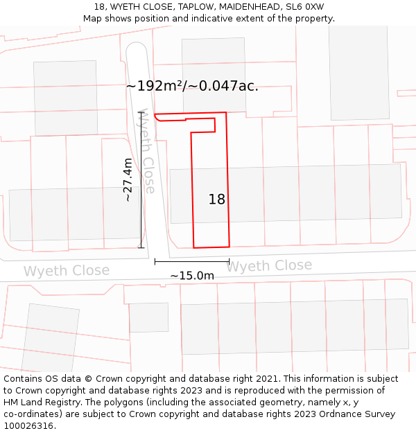 18, WYETH CLOSE, TAPLOW, MAIDENHEAD, SL6 0XW: Plot and title map