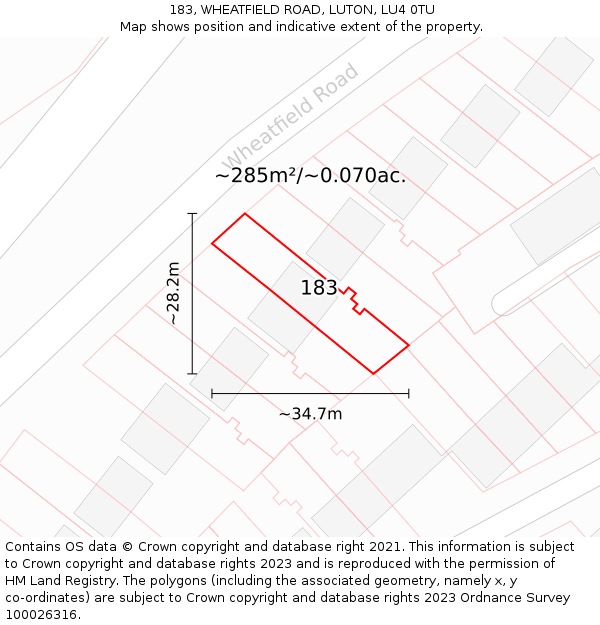 183, WHEATFIELD ROAD, LUTON, LU4 0TU: Plot and title map