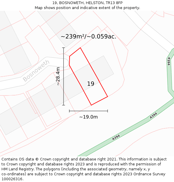 19, BOSNOWETH, HELSTON, TR13 8FP: Plot and title map