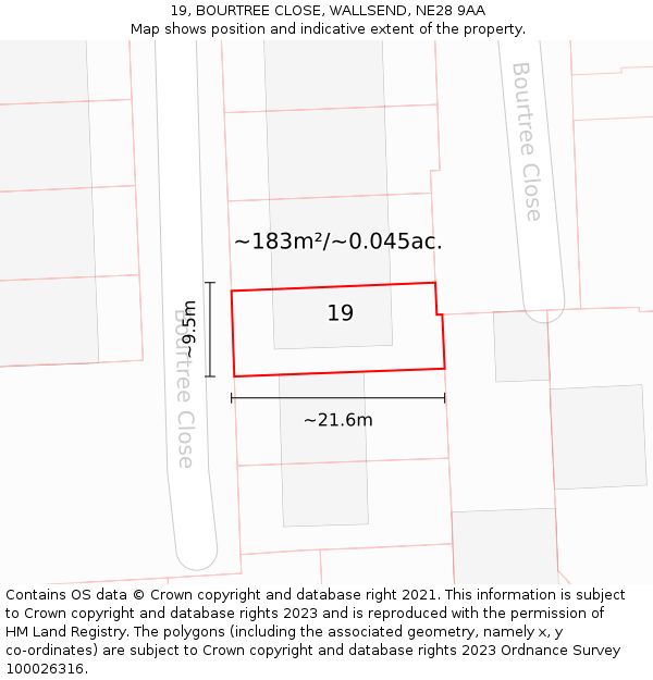 19, BOURTREE CLOSE, WALLSEND, NE28 9AA: Plot and title map