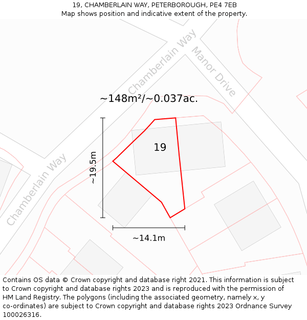 19, CHAMBERLAIN WAY, PETERBOROUGH, PE4 7EB: Plot and title map