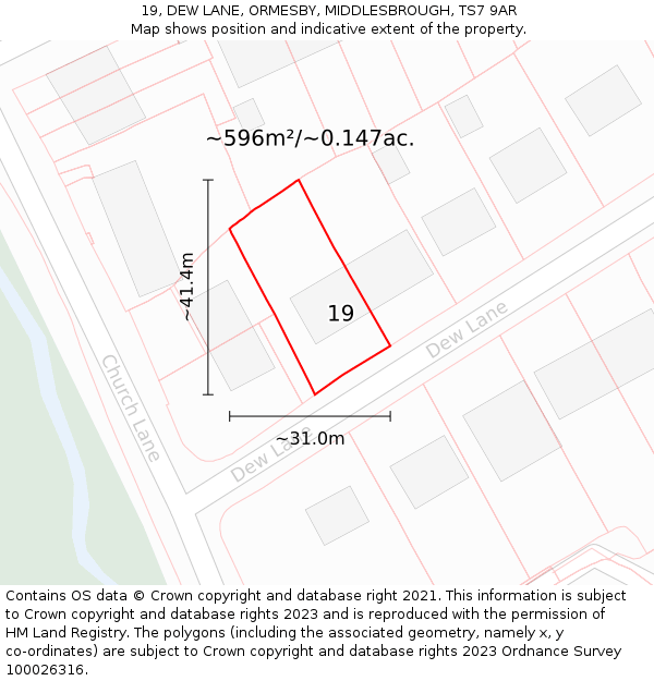 19, DEW LANE, ORMESBY, MIDDLESBROUGH, TS7 9AR: Plot and title map