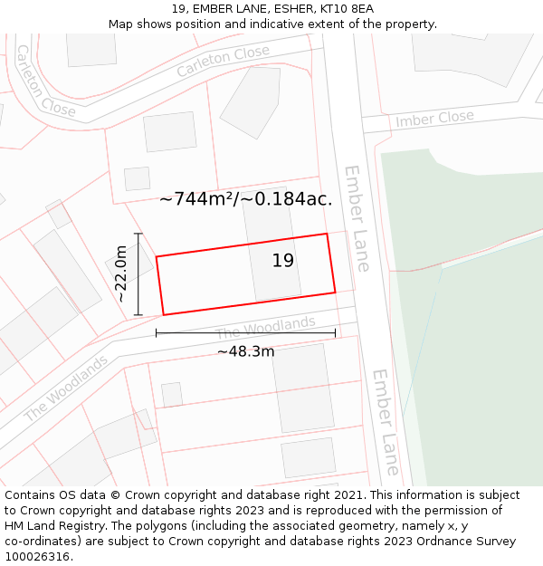 19, EMBER LANE, ESHER, KT10 8EA: Plot and title map