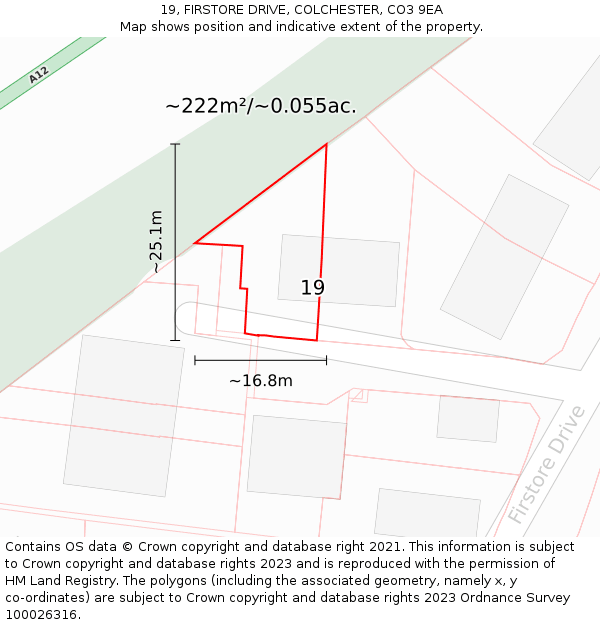 19, FIRSTORE DRIVE, COLCHESTER, CO3 9EA: Plot and title map