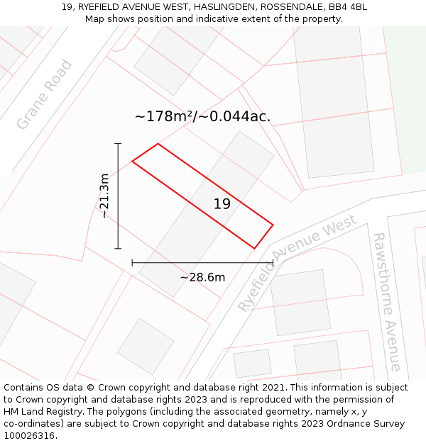19, RYEFIELD AVENUE WEST, HASLINGDEN, ROSSENDALE, BB4 4BL: Plot and title map