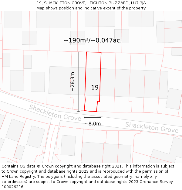 19, SHACKLETON GROVE, LEIGHTON BUZZARD, LU7 3JA: Plot and title map