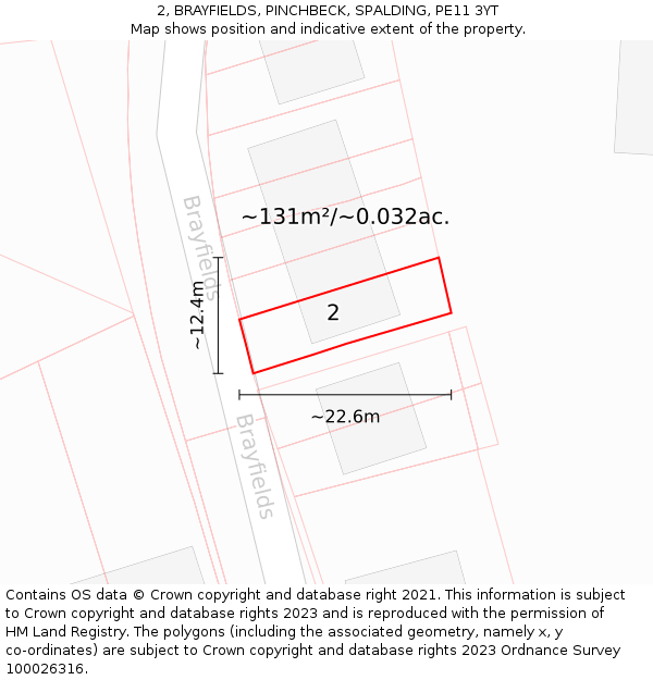 2, BRAYFIELDS, PINCHBECK, SPALDING, PE11 3YT: Plot and title map