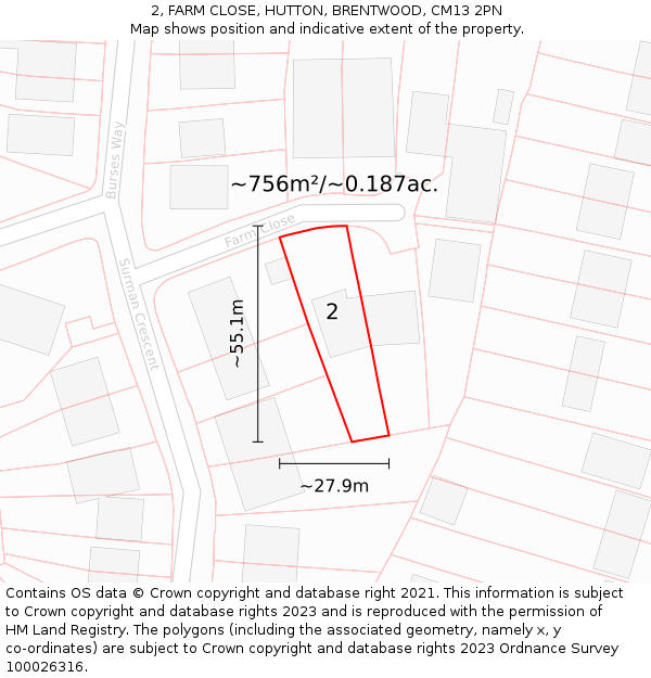 2, FARM CLOSE, HUTTON, BRENTWOOD, CM13 2PN: Plot and title map