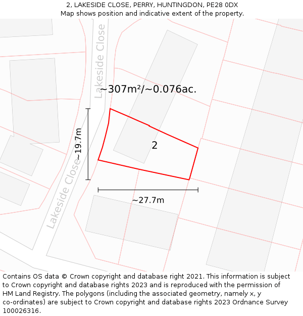 2, LAKESIDE CLOSE, PERRY, HUNTINGDON, PE28 0DX: Plot and title map