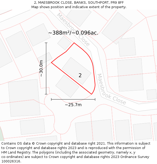 2, MAESBROOK CLOSE, BANKS, SOUTHPORT, PR9 8FF: Plot and title map