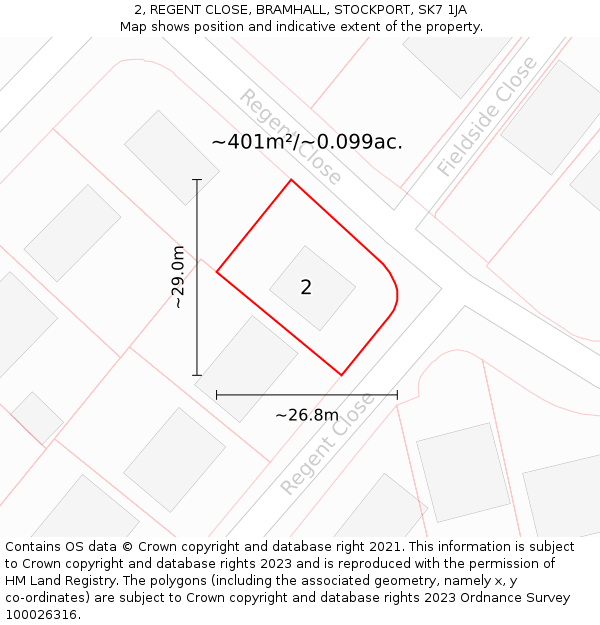2, REGENT CLOSE, BRAMHALL, STOCKPORT, SK7 1JA: Plot and title map