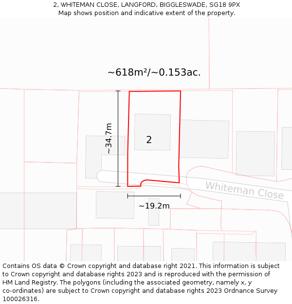 2, WHITEMAN CLOSE, LANGFORD, BIGGLESWADE, SG18 9PX: Plot and title map