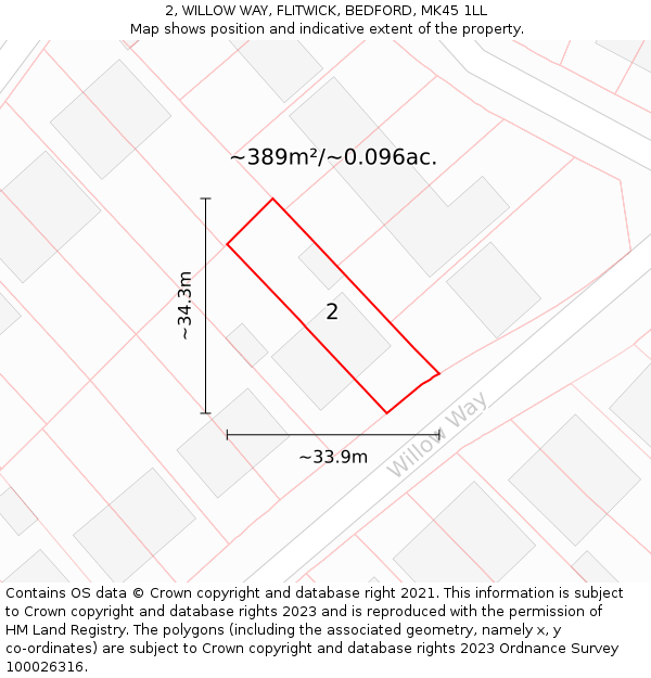 2, WILLOW WAY, FLITWICK, BEDFORD, MK45 1LL: Plot and title map