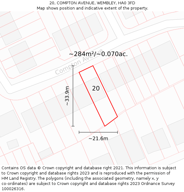 20, COMPTON AVENUE, WEMBLEY, HA0 3FD: Plot and title map