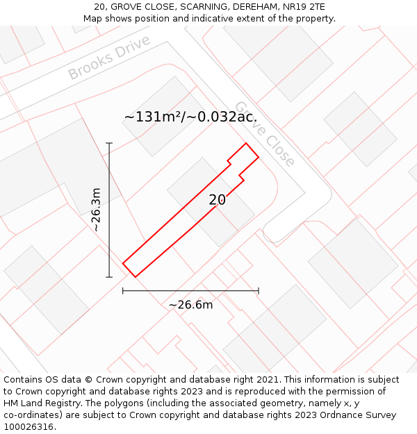 20, GROVE CLOSE, SCARNING, DEREHAM, NR19 2TE: Plot and title map