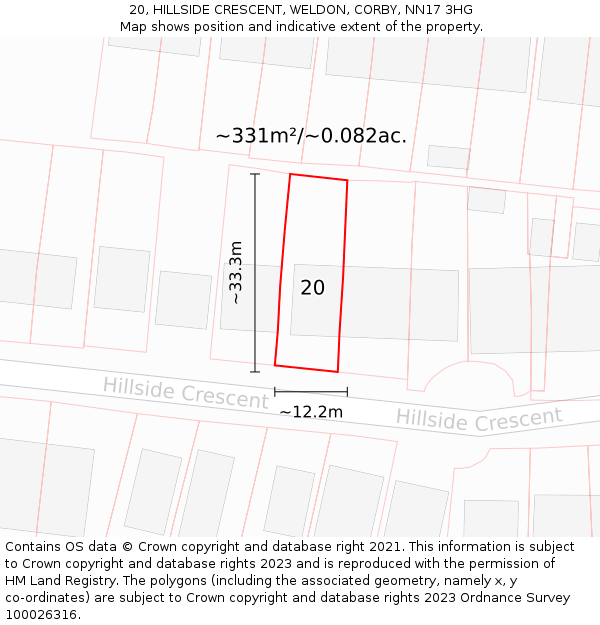 20, HILLSIDE CRESCENT, WELDON, CORBY, NN17 3HG: Plot and title map