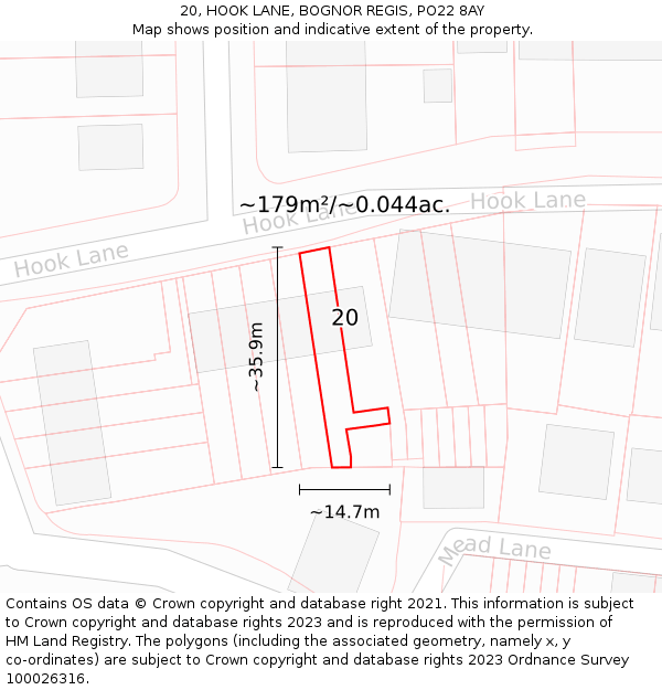 20, HOOK LANE, BOGNOR REGIS, PO22 8AY: Plot and title map