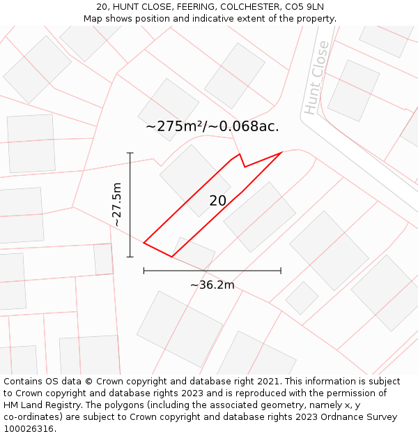 20, HUNT CLOSE, FEERING, COLCHESTER, CO5 9LN: Plot and title map