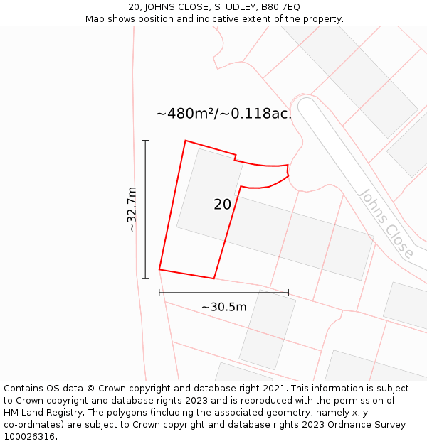 20, JOHNS CLOSE, STUDLEY, B80 7EQ: Plot and title map