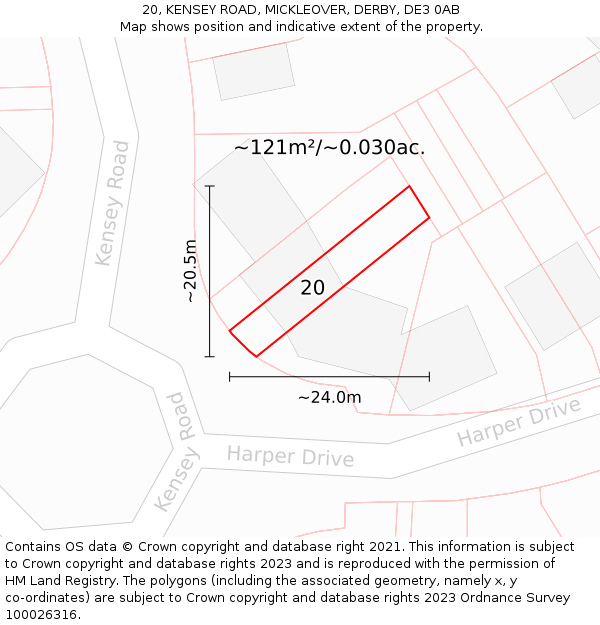 20, KENSEY ROAD, MICKLEOVER, DERBY, DE3 0AB: Plot and title map