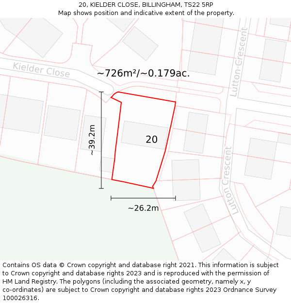 20, KIELDER CLOSE, BILLINGHAM, TS22 5RP: Plot and title map