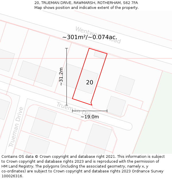 20, TRUEMAN DRIVE, RAWMARSH, ROTHERHAM, S62 7FA: Plot and title map