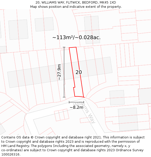 20, WILLIAMS WAY, FLITWICK, BEDFORD, MK45 1XD: Plot and title map