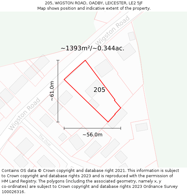 205, WIGSTON ROAD, OADBY, LEICESTER, LE2 5JF: Plot and title map