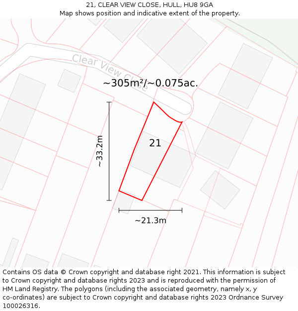 21, CLEAR VIEW CLOSE, HULL, HU8 9GA: Plot and title map
