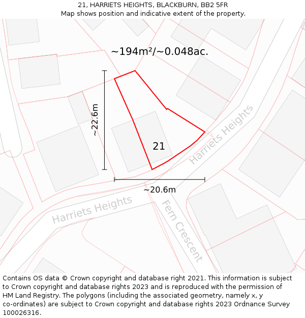 21, HARRIETS HEIGHTS, BLACKBURN, BB2 5FR: Plot and title map