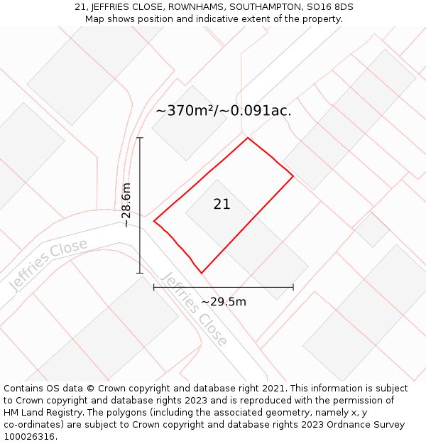 21, JEFFRIES CLOSE, ROWNHAMS, SOUTHAMPTON, SO16 8DS: Plot and title map