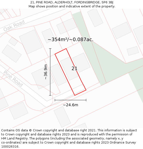 21, PINE ROAD, ALDERHOLT, FORDINGBRIDGE, SP6 3BJ: Plot and title map