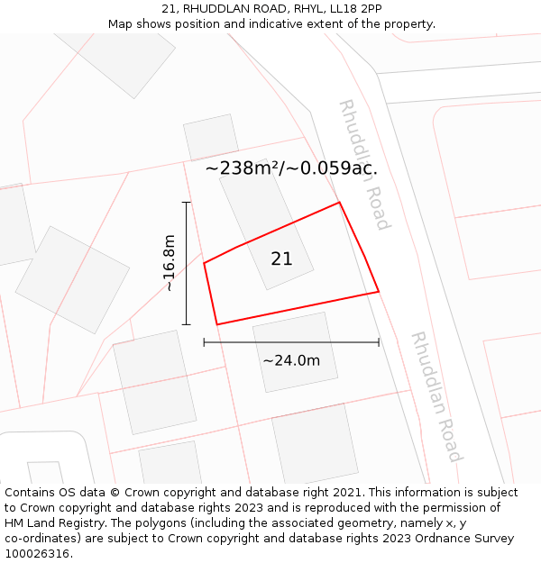 21, RHUDDLAN ROAD, RHYL, LL18 2PP: Plot and title map