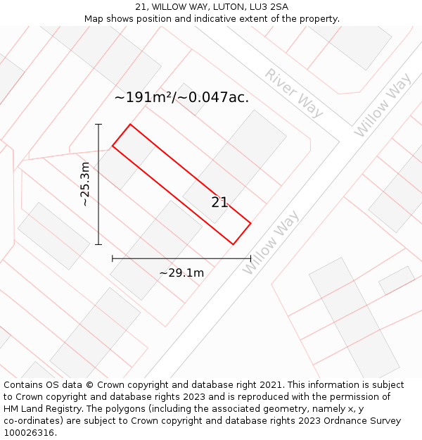 21, WILLOW WAY, LUTON, LU3 2SA: Plot and title map