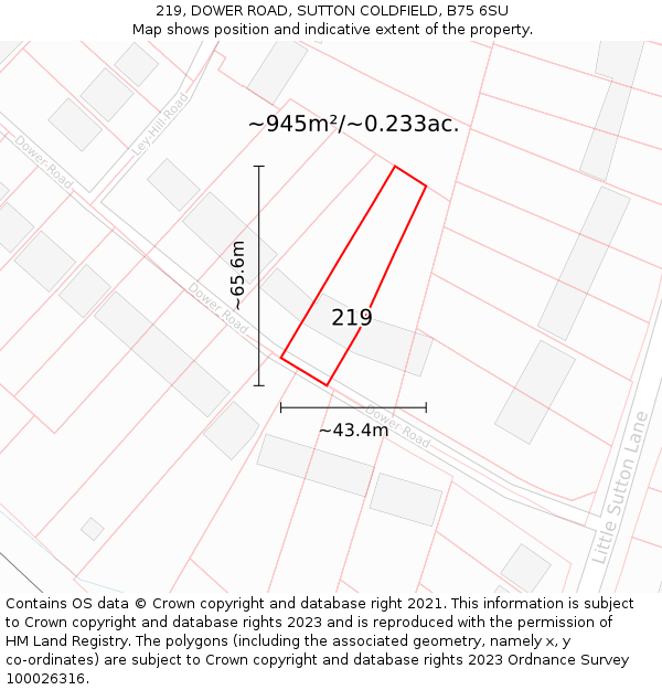 219, DOWER ROAD, SUTTON COLDFIELD, B75 6SU: Plot and title map