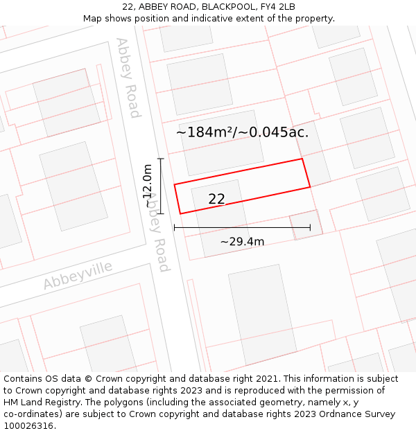 22, ABBEY ROAD, BLACKPOOL, FY4 2LB: Plot and title map