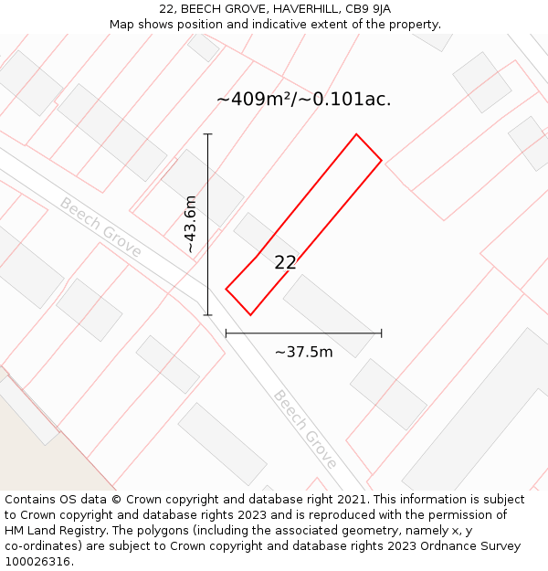 22, BEECH GROVE, HAVERHILL, CB9 9JA: Plot and title map
