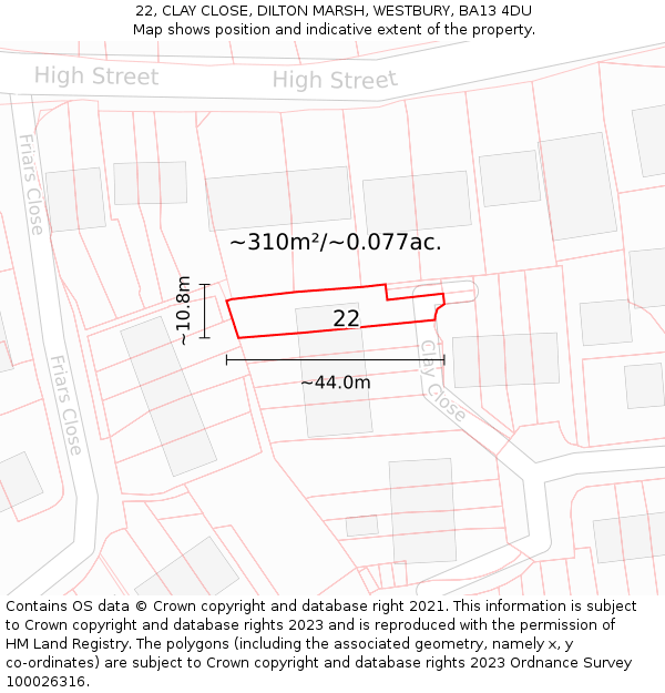 22, CLAY CLOSE, DILTON MARSH, WESTBURY, BA13 4DU: Plot and title map