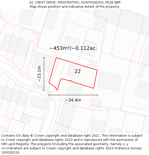 22, CREST DRIVE, FENSTANTON, HUNTINGDON, PE28 9BR: Plot and title map