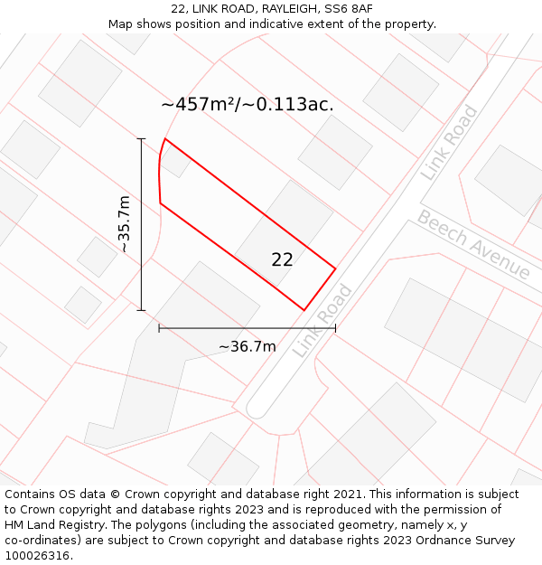 22, LINK ROAD, RAYLEIGH, SS6 8AF: Plot and title map