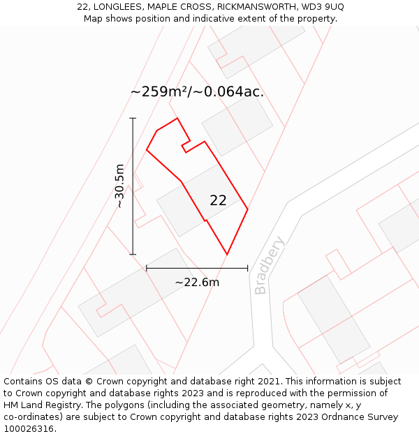 22, LONGLEES, MAPLE CROSS, RICKMANSWORTH, WD3 9UQ: Plot and title map