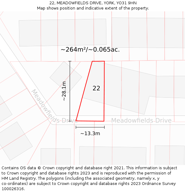22, MEADOWFIELDS DRIVE, YORK, YO31 9HN: Plot and title map