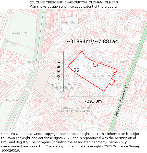 22, OLIVE CRESCENT, CHADDERTON, OLDHAM, OL9 7FG: Plot and title map