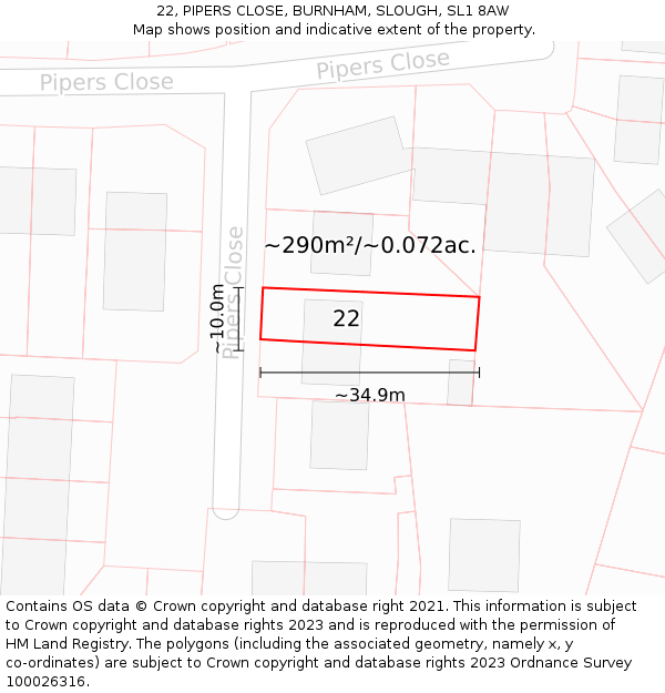 22, PIPERS CLOSE, BURNHAM, SLOUGH, SL1 8AW: Plot and title map