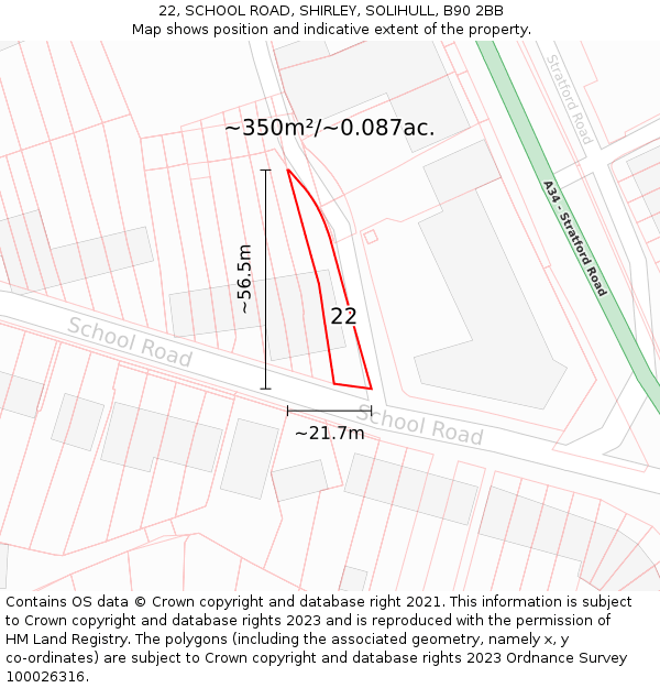 22, SCHOOL ROAD, SHIRLEY, SOLIHULL, B90 2BB: Plot and title map