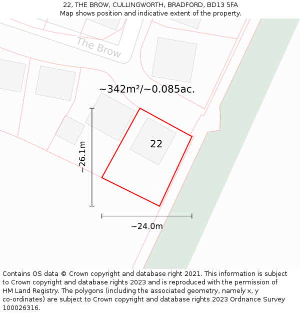 22, THE BROW, CULLINGWORTH, BRADFORD, BD13 5FA: Plot and title map